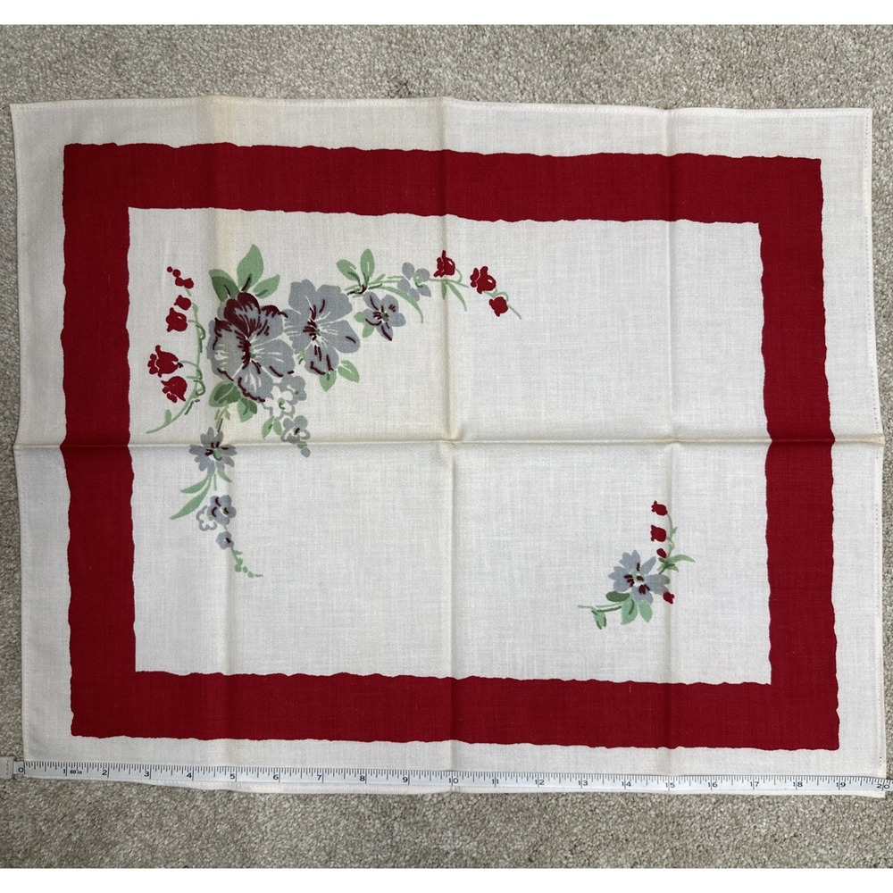 Lot of 8 Vintage Floral Cloth Napkins Red Border Flowers Craft Cutter Printed